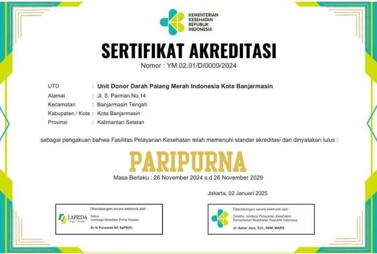 Sertifikat Akreditasi Paripurna UDD PMI Kota Banjarmasin